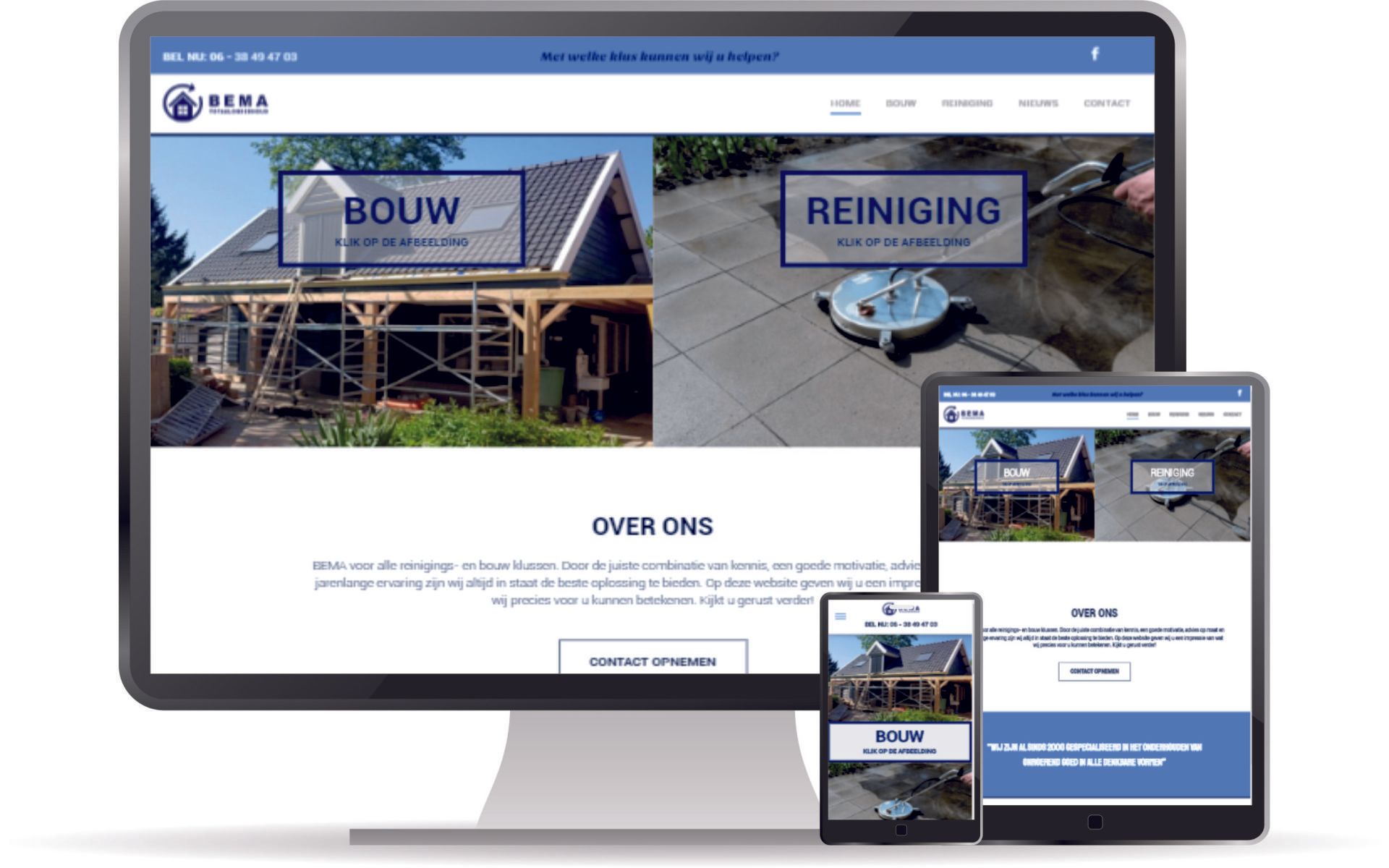 Een computer, tablet en telefoon met een website.