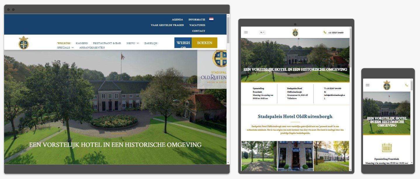 Een screenshot van een website op een computer, tablet en mobiele telefoon.