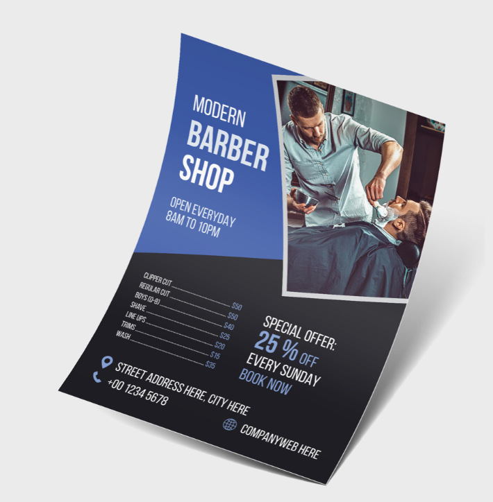 Een flyer voor een moderne kapperszaak met een man die zijn haar laat knippen