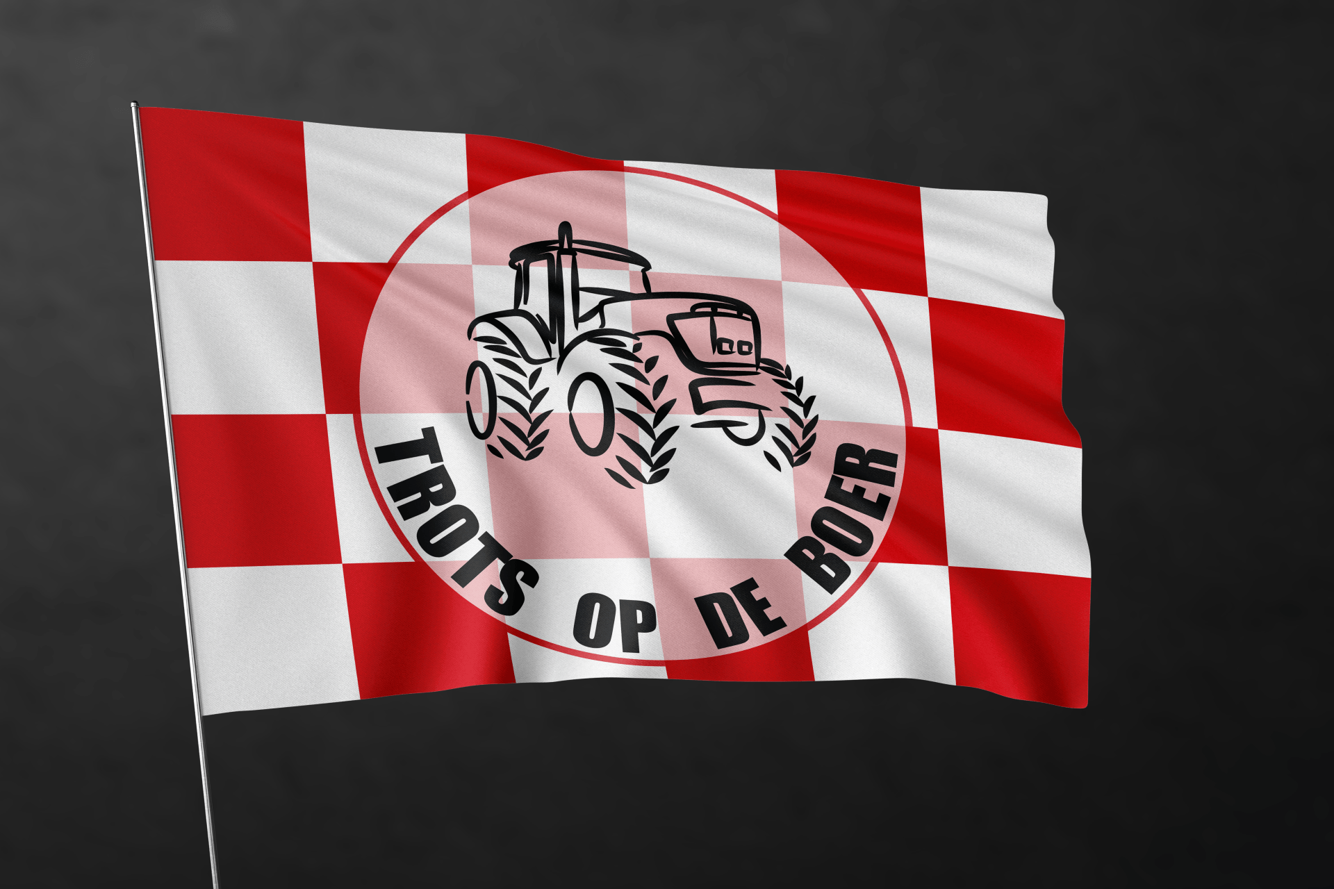 Een rood-wit geblokte vlag met de tekst 'trots op de boer'