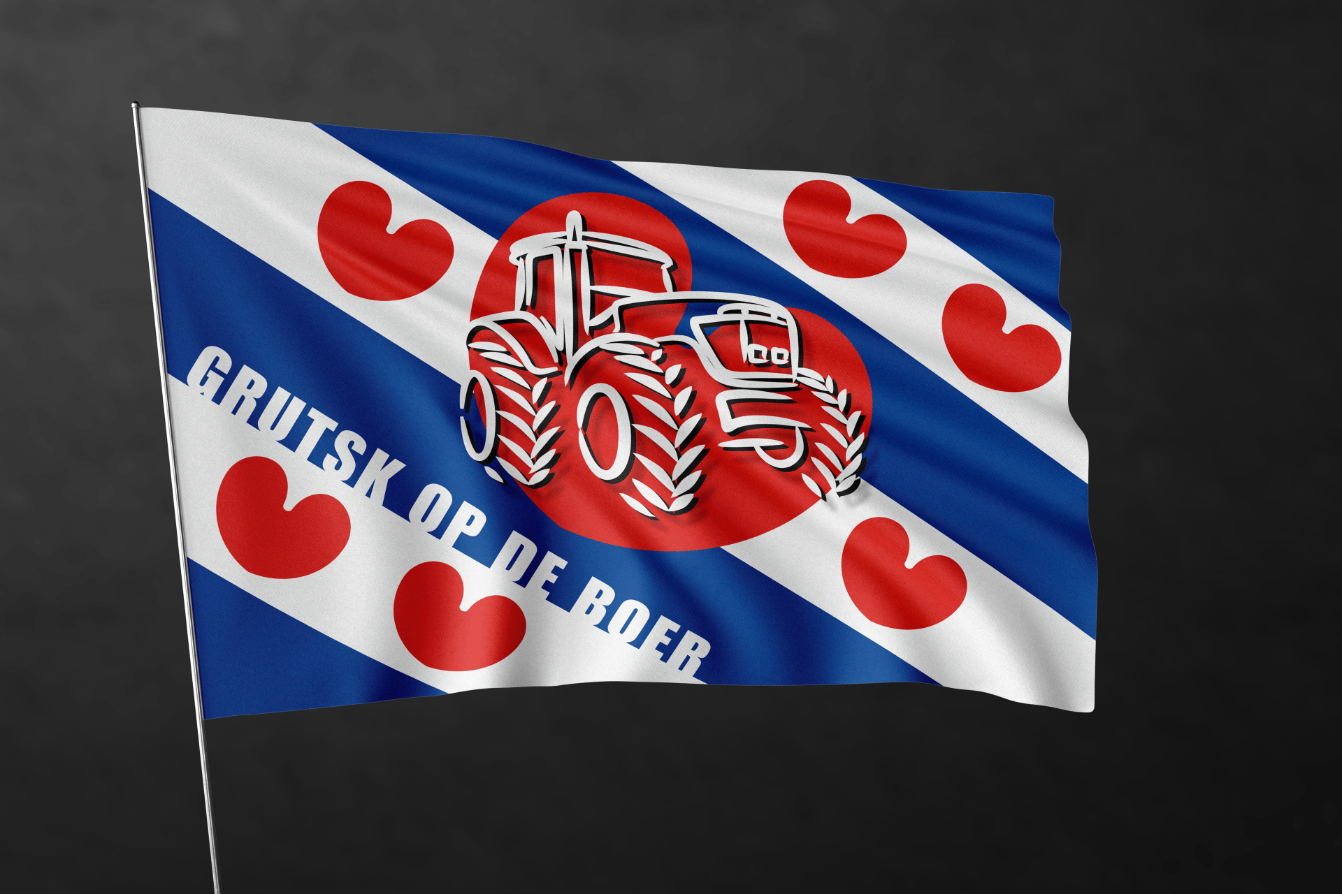 Een blauw witte en rode vlag met een tractor erop