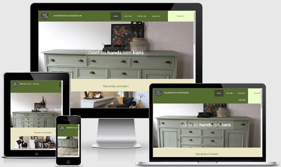 Een website wordt weergegeven op een computer, tablet en telefoon.
