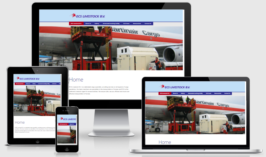 Een computermonitor, een tablet, een telefoon en een laptop, allemaal met een website voor vracht