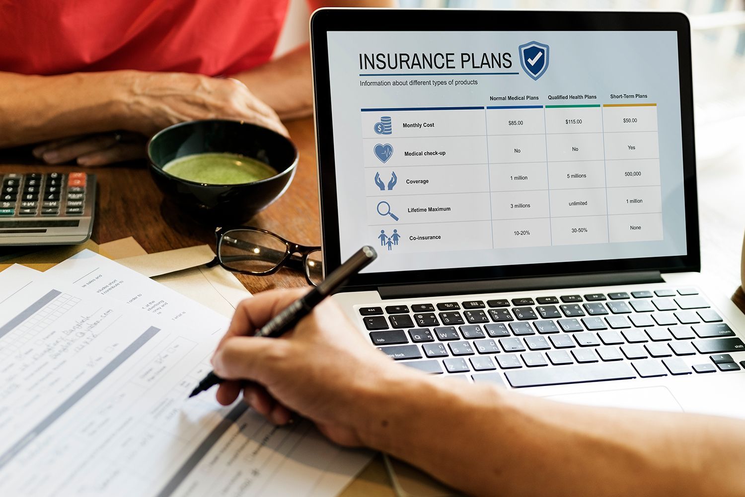 Person writing on paperwork, laptop displaying insurance plan options, calculator and bowl of liquid nearby. Person writing on paperwork, laptop displaying insurance plan options, calculator and bowl of liquid nearby.