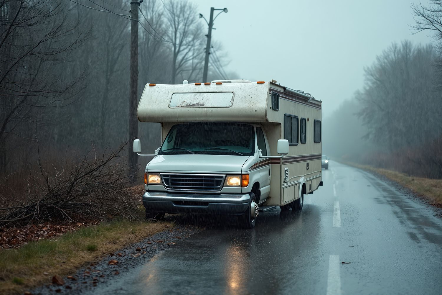 RV parked on wet road in overcast weather. RV parked on wet road in overcast weather.