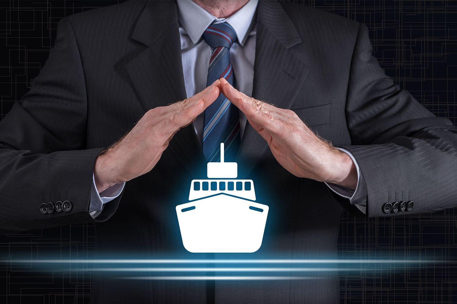 Man in suit protecting a boat icon with hands, symbolizing insurance or protection. Man in suit protecting a boat icon with hands, symbolizing insurance or protection.