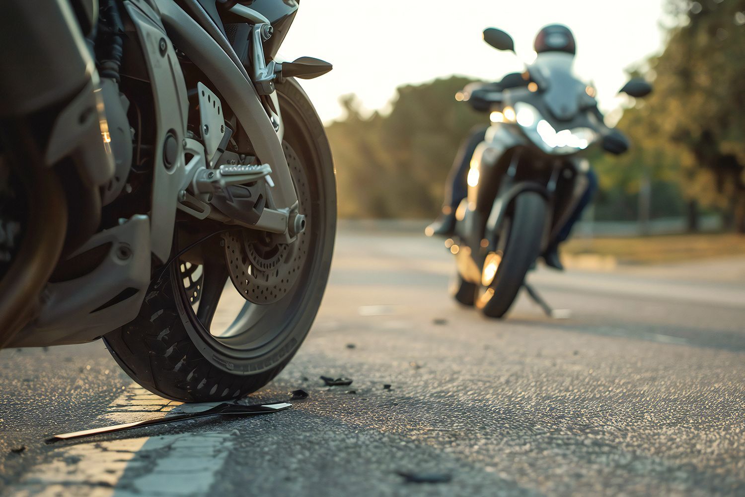 Two motorcycles on a paved road; one in focus, the other blurred in the background. Sun flares. Two motorcycles on a paved road; one in focus, the other blurred in the background. Sun flares.