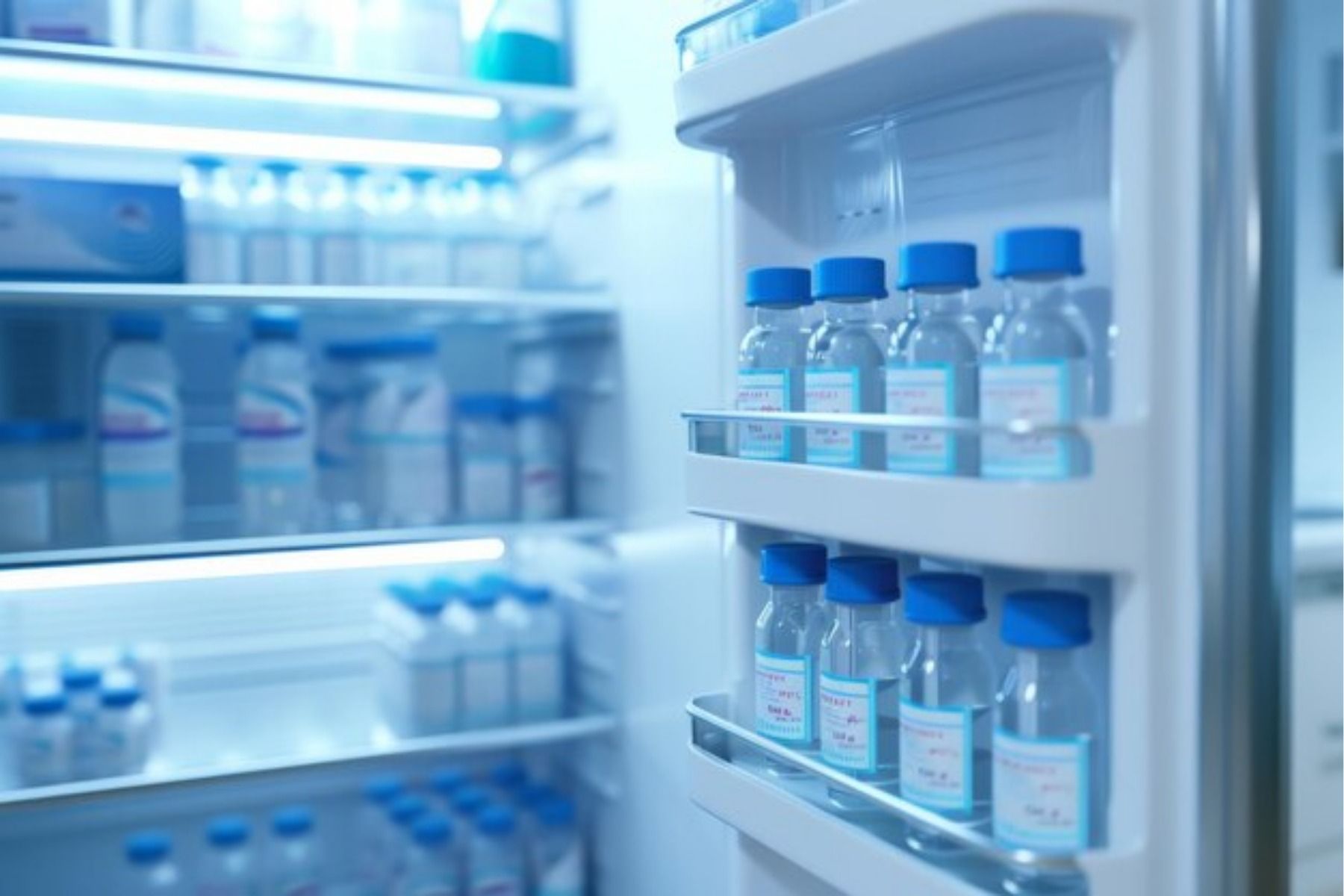 A refrigerator filled with bottles of water and milk.