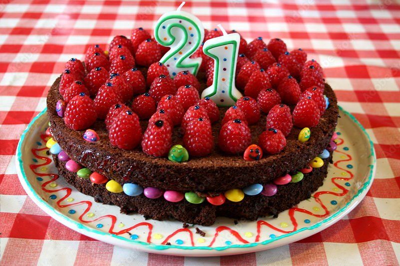 Adult Social Event 21st birthday cake topped with raspberries