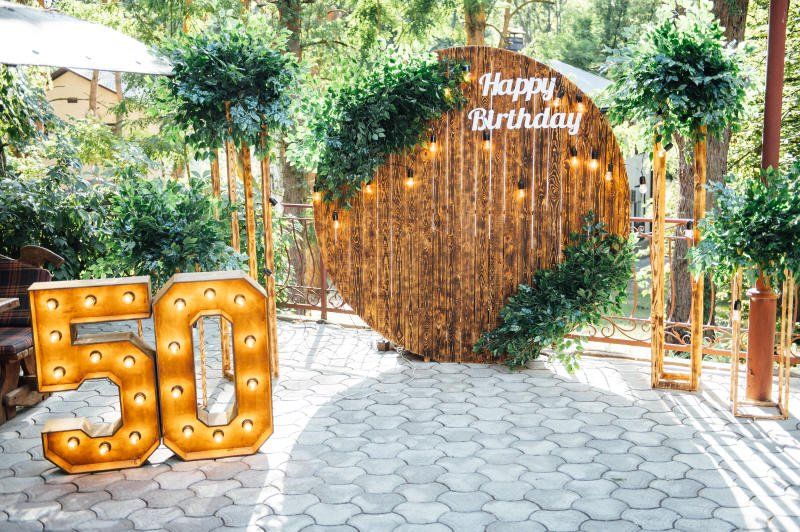 Adult Social Event 50th birthday oversized numbers with lights outside entrance of event