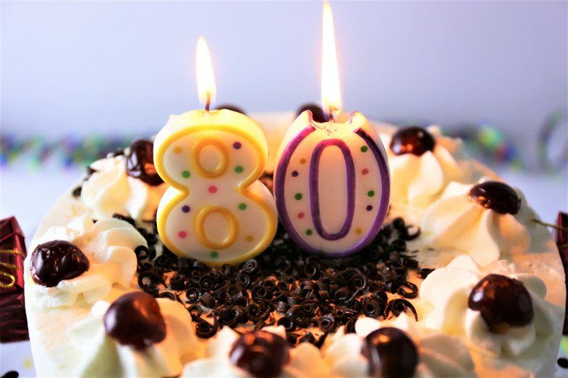 Adult Social Event 80th birthday party cake with candle numbers on top