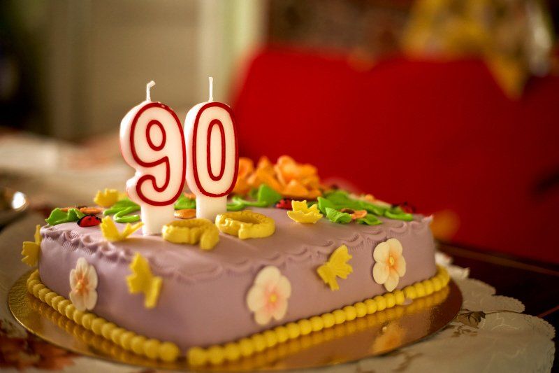 Adult Social Event 90th birthday cake with flower motif and candles shaped as numbers