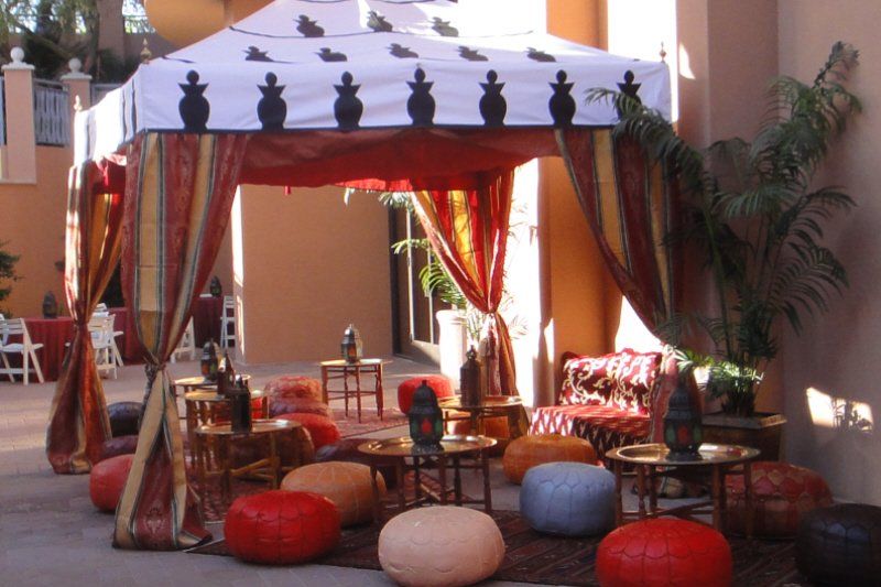 Student events graduation Arabian nights theme showing outdoor tent and seating area