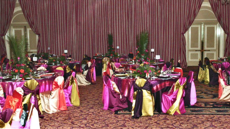 Galas and fundraising event table settings and colorful decorations