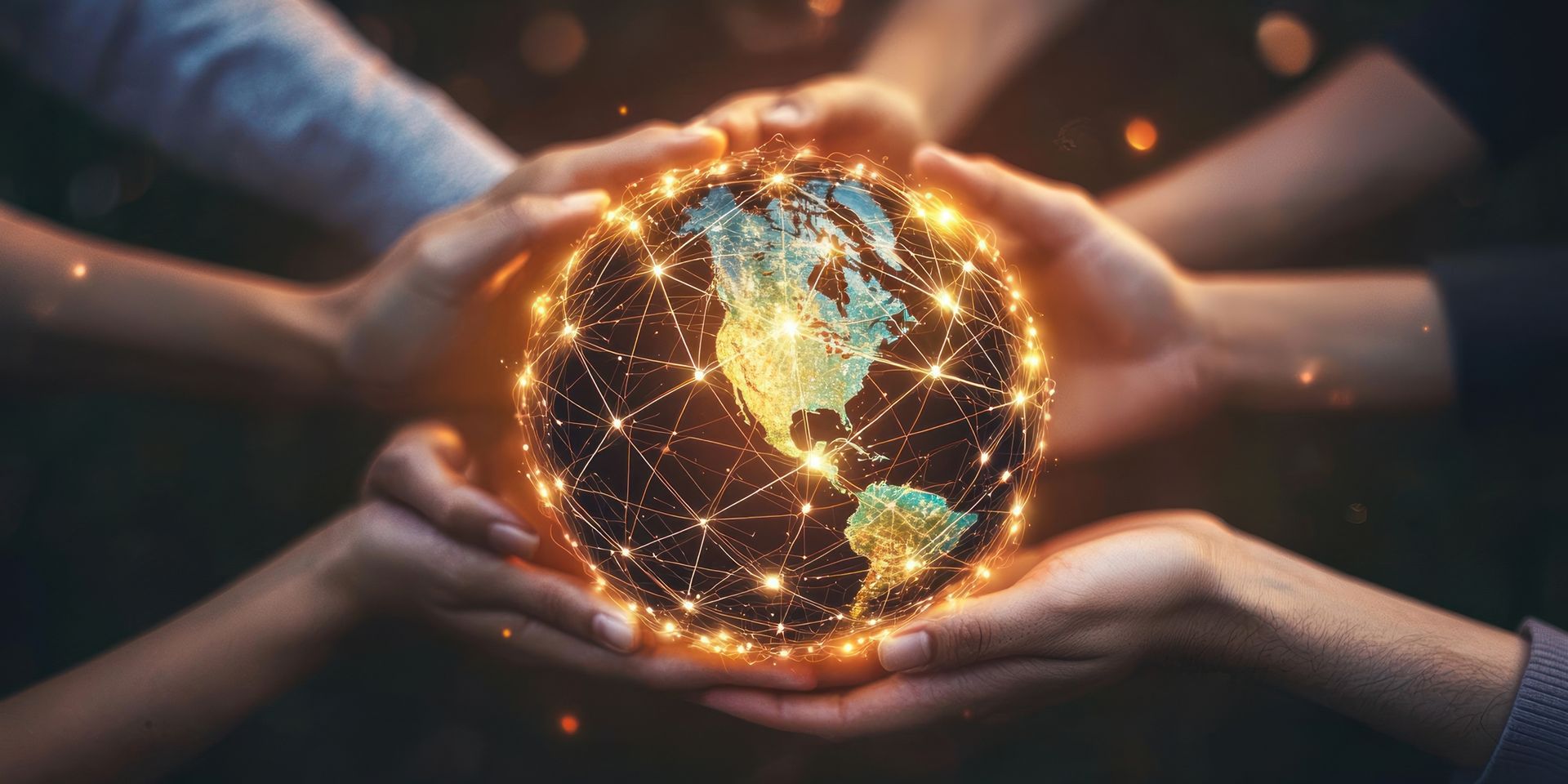Hands cradling a glowing globe overlaid with a network of interconnected lights.