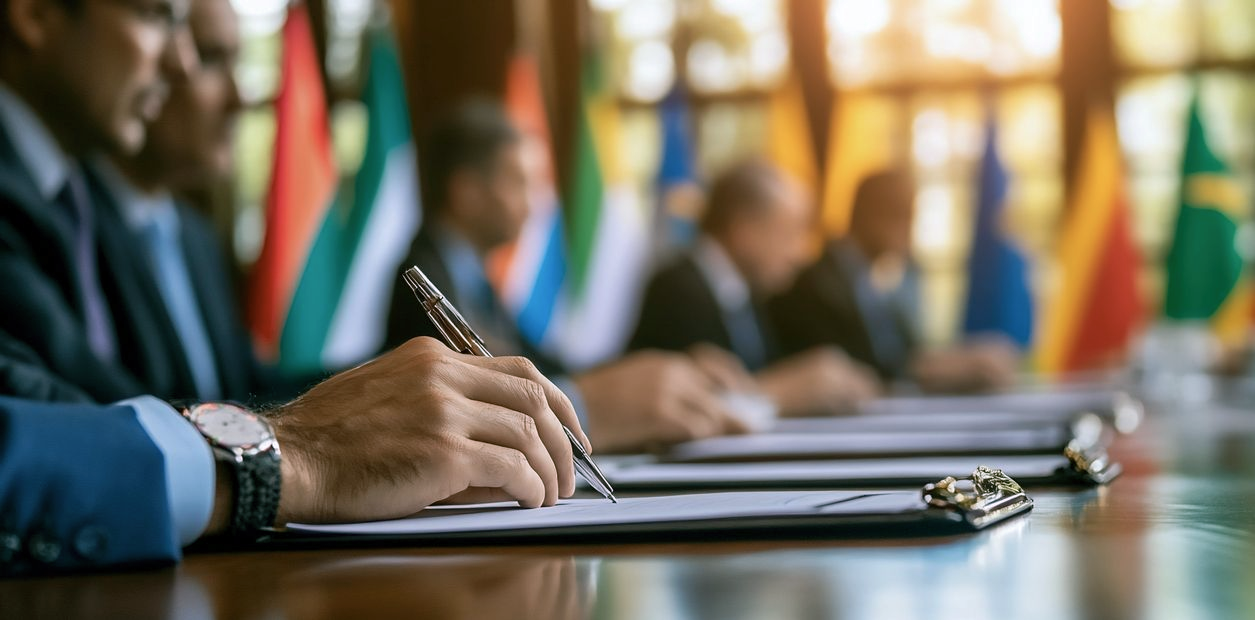 Conference table with attendees writing on notepads with flags in the background