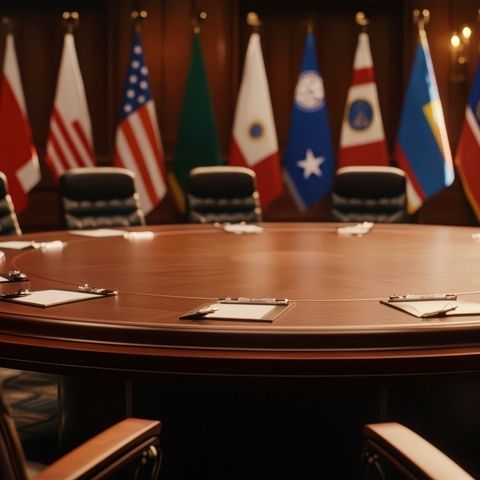 round wooden conference table with flags