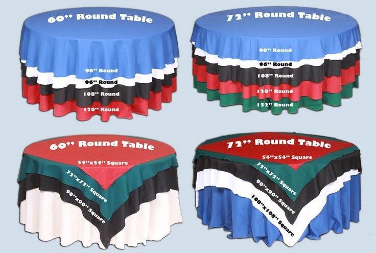 four round tables with different sizes and shapes of linens and overlays
