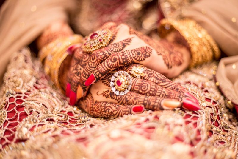 Indian bride with elaborate henna design on her hands