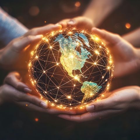 hands holding earth with a network of light around Gaia