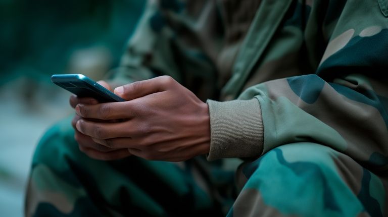 A soldier is sitting down using a cell phone.