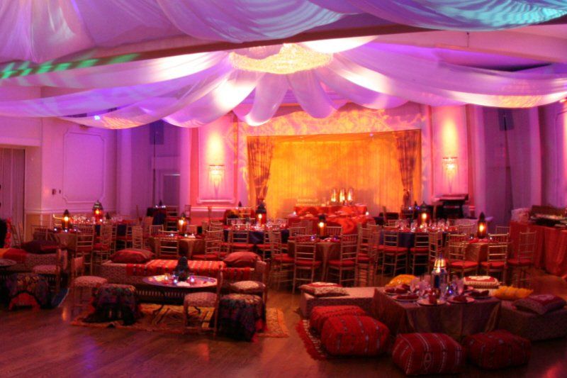 Wedding celebration with Jewish styled decorations and seating setup