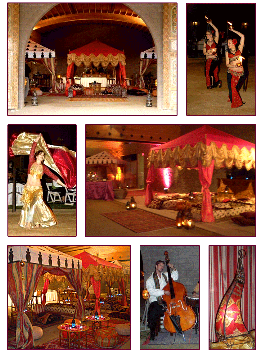 Various image collection showing ballroom setting, entertainment, specialty lighting and guest seating for The Fairmont Princess Resort, Scottsdale, AZ