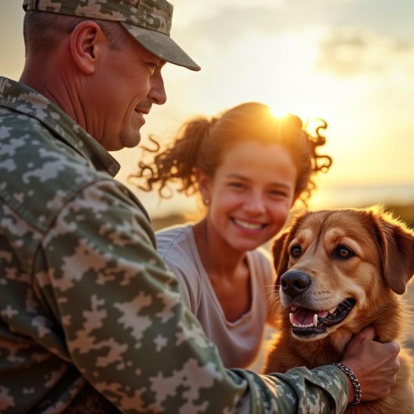 A father, his daughter and a golden retrever