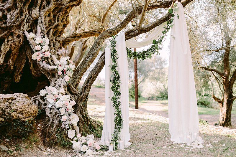 Wedding celebration rustic styled outdoor canopy hanging from tree