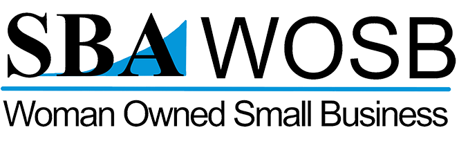 SBA WOSB logo: Black text with blue design element over a blue line; text below reads