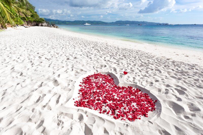 Wedding celebration idea on a budget with flower petals in a heart shape on the beach