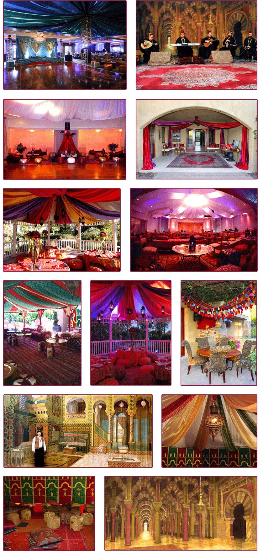 Various images showing setup, table settings, decor and performances at Pre-Wedding Henna Party, Temple Torah, Little Neck, NY