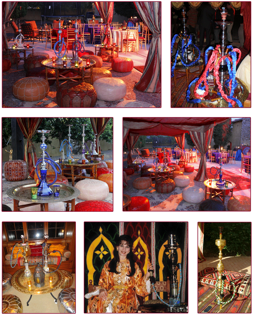 Various images showing setup, table settings, decor and performances at Pre-Wedding Henna Party, Temple Torah, Little Neck, NY