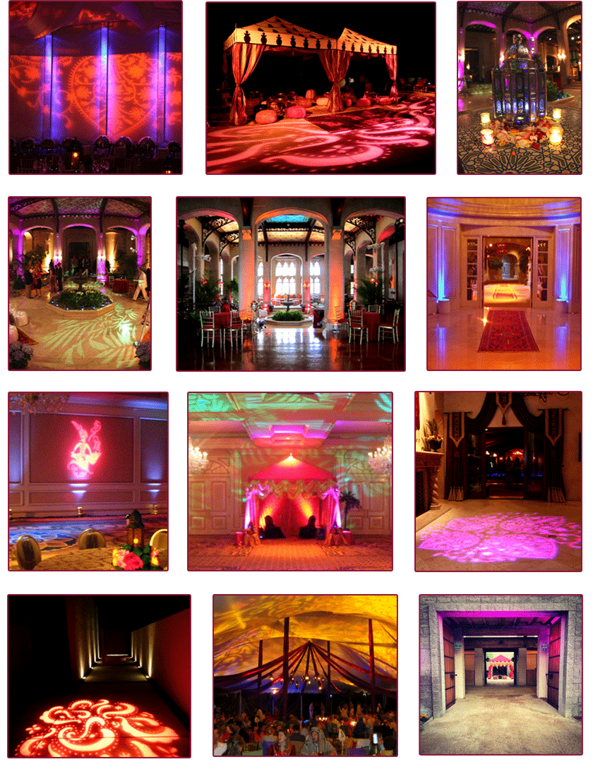 Collection of images showing Arabian Nights & Lighting Special Effects including indoor ballroom, canopy, projected lights, and spotlights.