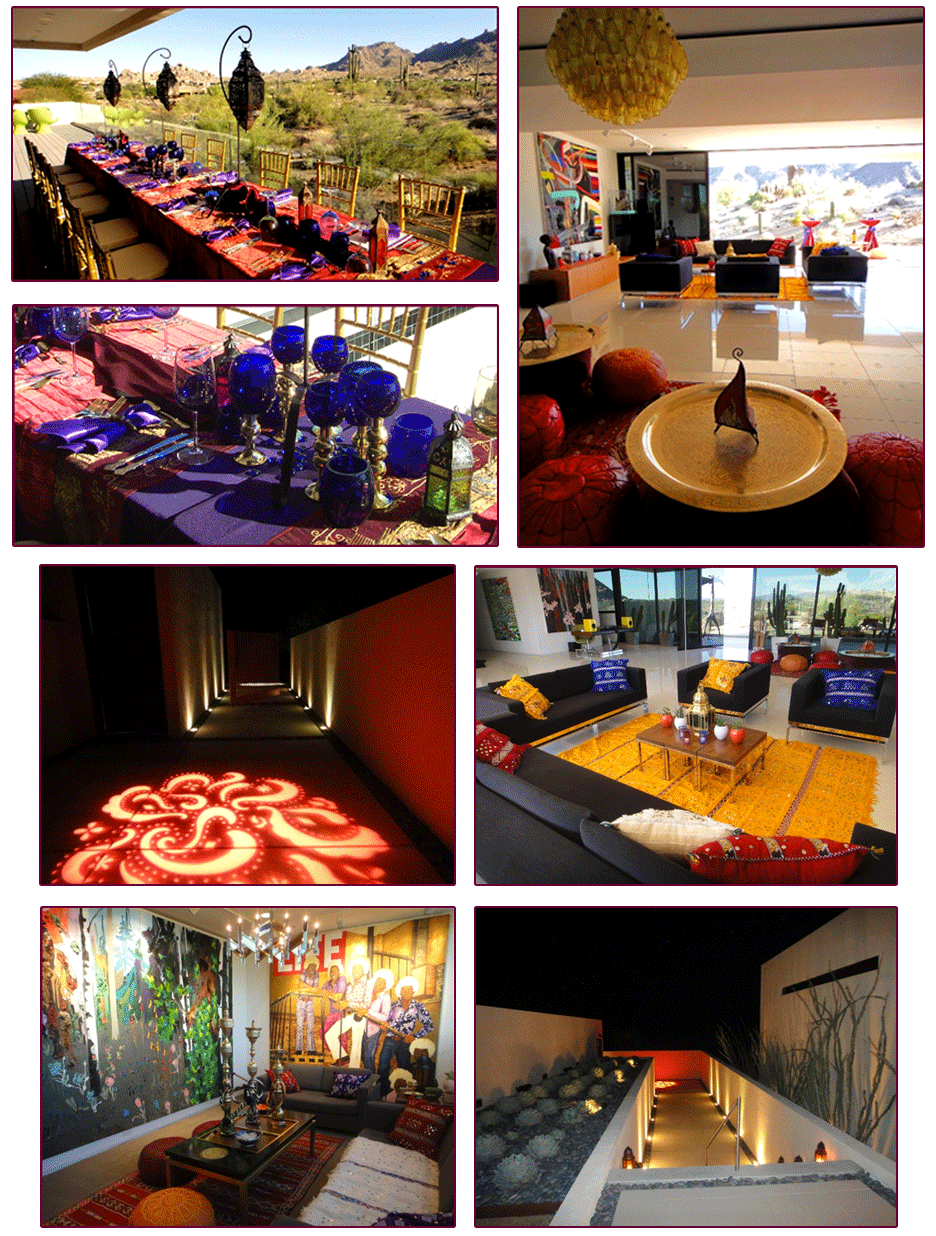 Various images showing Decorations & Lighting at Private Residence, Scottsdale, AZ including table setting, outdoor setting and general seating areas