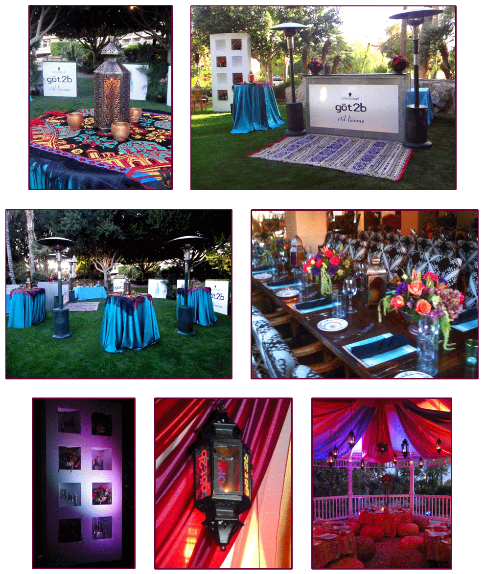 Various images for BRANDED & THEMED DECOR, The Phoenician RESORT & SPA, Scottsdale, AZ showing outdoor table setups, indoor dining tables, lantern decorations and branded event signage