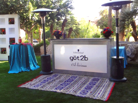 decorative tables around a sign that says