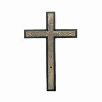 Wooden cross with a dark border, visible screw holes.
