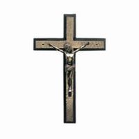 Crucifix with a bronze Jesus on a black and gold cross.