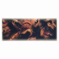 Brown, textured background with various fishing lures, suggesting an outdoors theme.