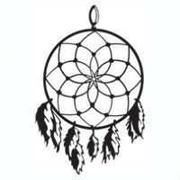 Dreamcatcher silhouette with webbed center and hanging feathers.
