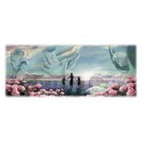 Two figures holding hands walk in water towards a bright light between flower-lined banks. Giant figures watch.