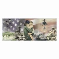 American flag background with scenes of war and a woman holding a child.