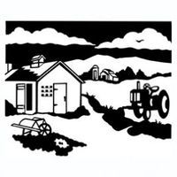 Black and white illustration of a farm scene with a house, tractor, and rolling hills.