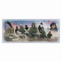 Soldiers in desert setting, a tank, helicopters, and a woman in a head covering, possibly commemorating war.