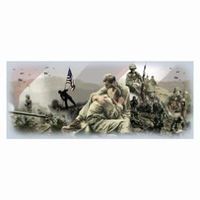 Soldiers in battle scene with an American flag and a soldier comforting another.