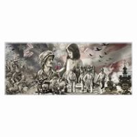 War-themed art: Soldier and child amid battle scenes, with American flag and flying birds.