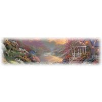 Scenic painting: gazebo by water in autumn colors, with soft sunset glow.