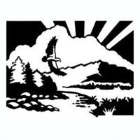 Eagle soaring over mountains and river with rising sun.