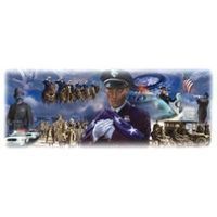 Collage honoring military; central figure in uniform holding American flag.